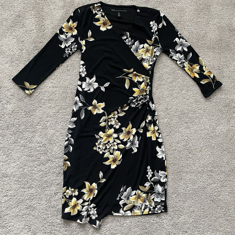 White House Black Market Dress Size 00 Black Yellow Floral Midi Faux Wrap